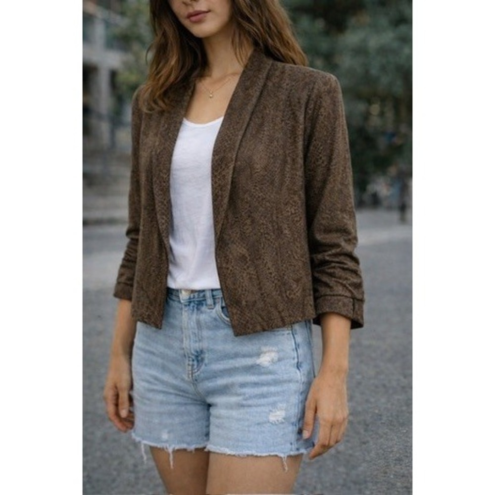 Brandon Thomas Brown Snakeskin Ruched Sleeve Open Front Blazer‎ Jacket M